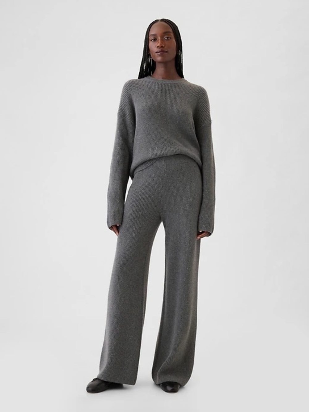Gap NWT Cashsoft Shaker Stitch Sweater Pants Wide Leg Women SP Petite Gray